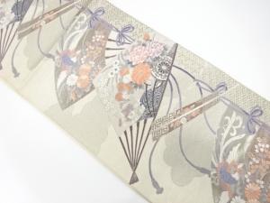 扇に鳳凰・花車模様織り出し　袋帯